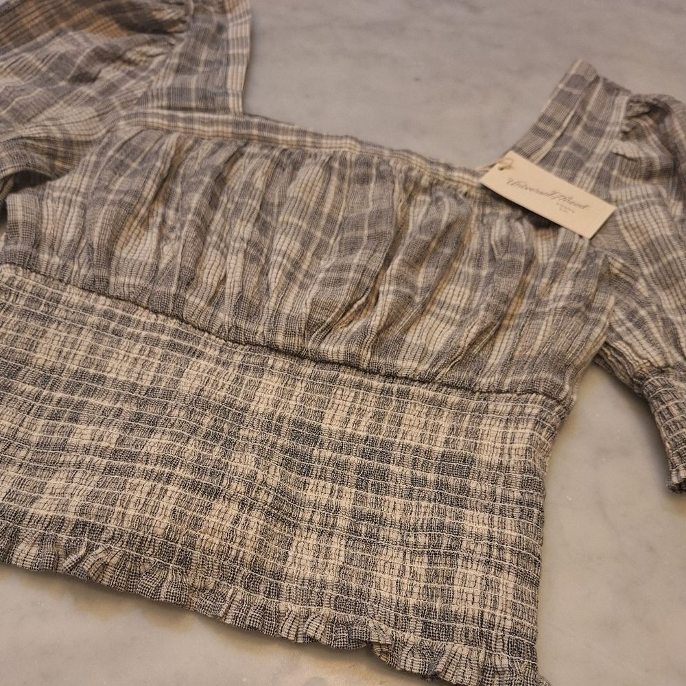 New Universal Thread Stretch Smocked Top Lg Black‎ Plaid Puff Sleeve Boho Blouse